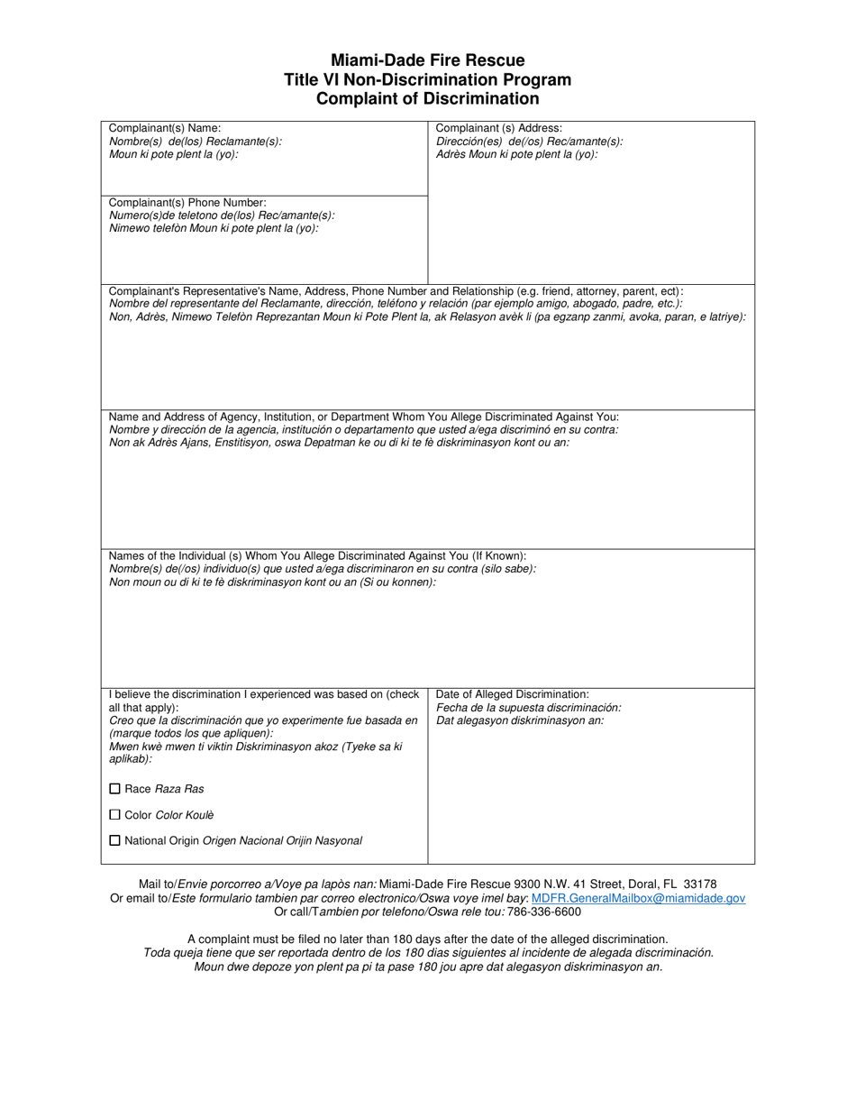 Title VI Non-discrimination Program Complaint of Discrimination - Miami-Dade County, Florida (English / Spanish / Haitian Creole), Page 2