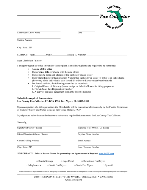 Lee County, Florida Request for Title Letter Download Fillable PDF |  Templateroller