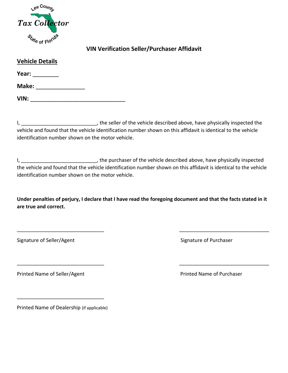 Lee County Florida Vin Verification Sellerpurchaser Affidavit Fill Out Sign Online And 2117