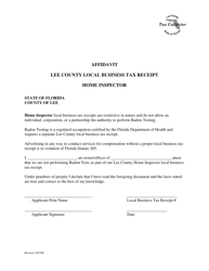 Document preview: Home Inspector Local Business Tax Receipts Affidavit - Lee County, Florida