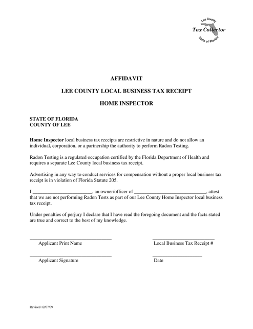 Home Inspector Local Business Tax Receipts Affidavit - Lee County, Florida Download Pdf