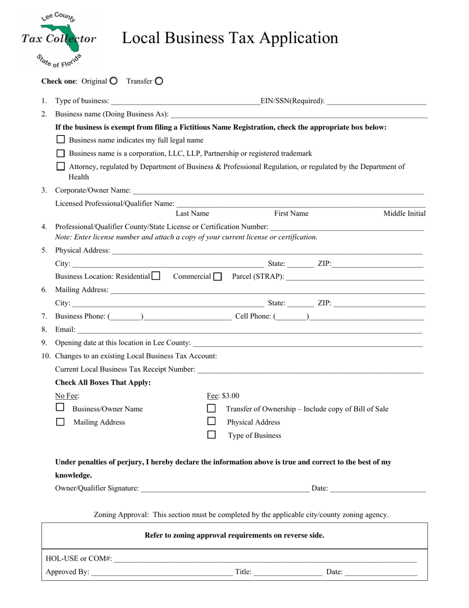 Form 151 Local Business Tax Application - Lee County, Florida, Page 1