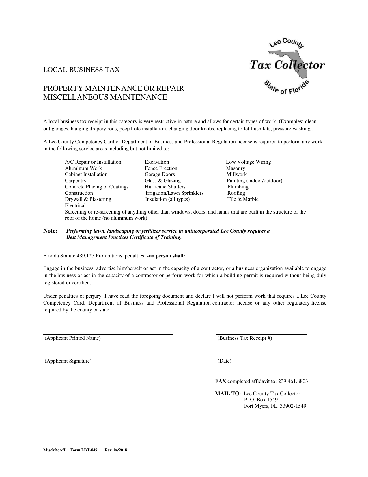 Form LBT-049 Download Fillable PDF or Fill Online Property Maintenance or  Repair Miscellaneous Maintenance - Local Business Tax Lee County, Florida |  Templateroller