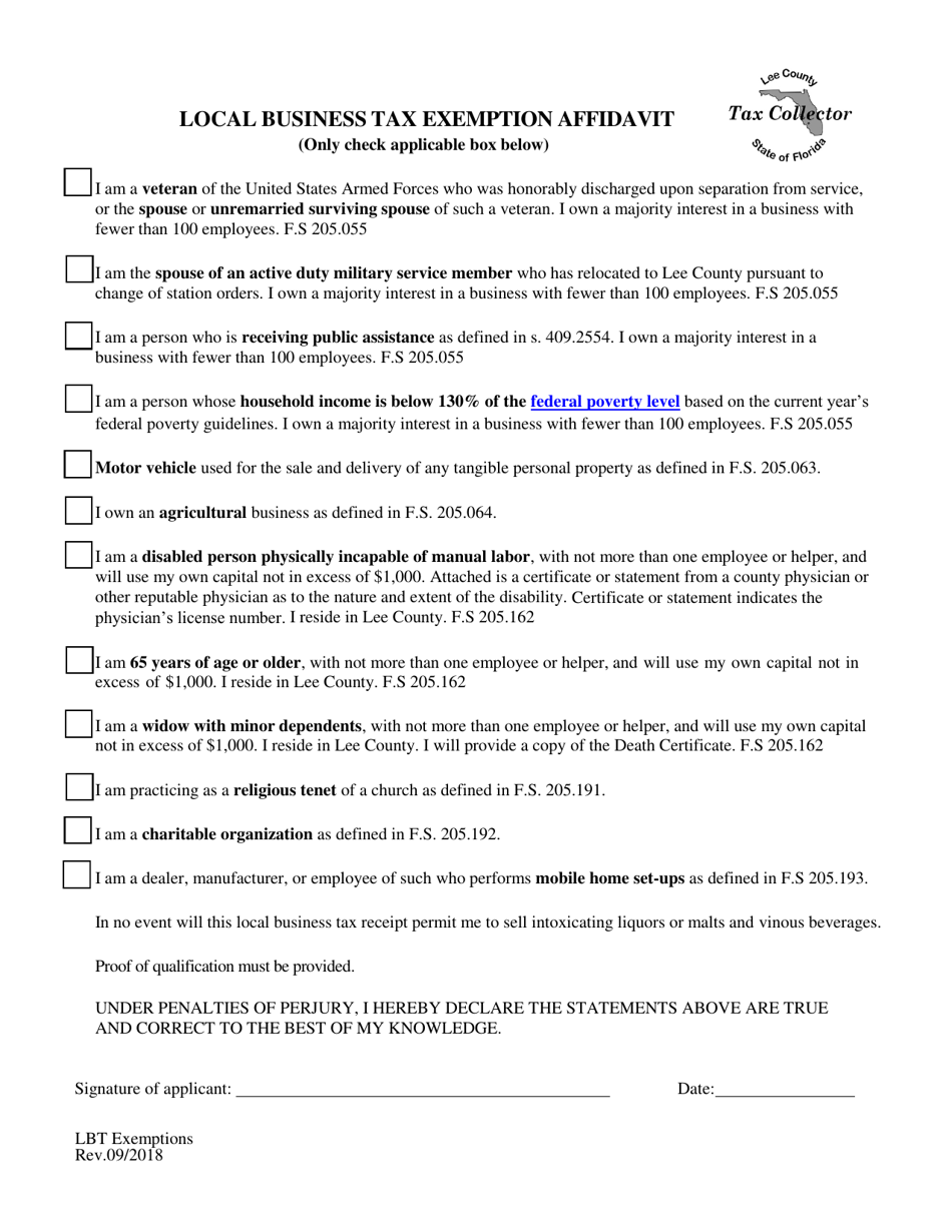 Local Business Tax Exemption Affidavit - Lee County, Florida, Page 1