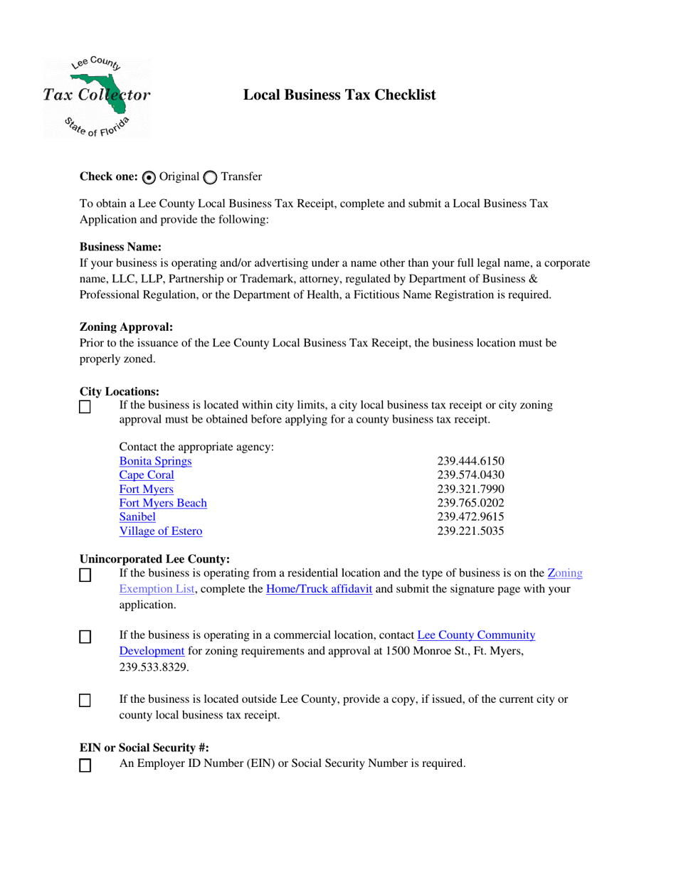 Form 100 Local Business Tax Checklist - Lee County, Florida, Page 1