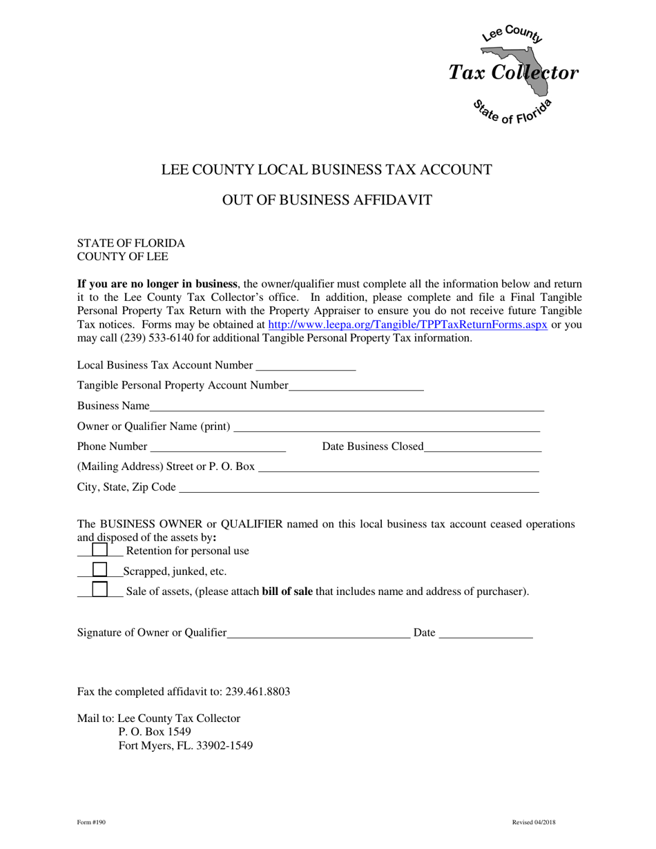 Form 90 Out of Business Affidavit - Lee County, Florida, Page 1