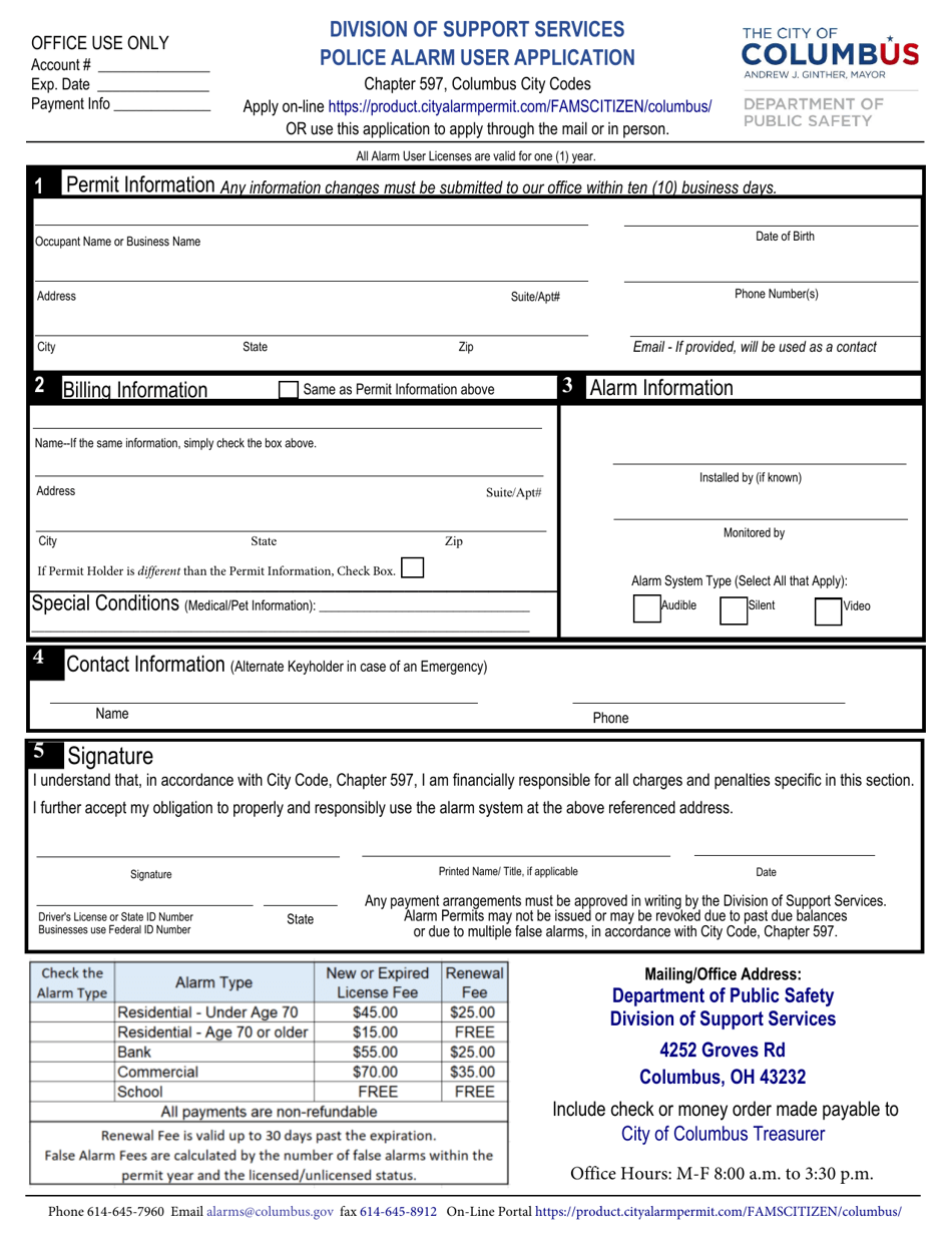 City of Columbus, Ohio Police Alarm User Application Fill Out, Sign Online and Download PDF