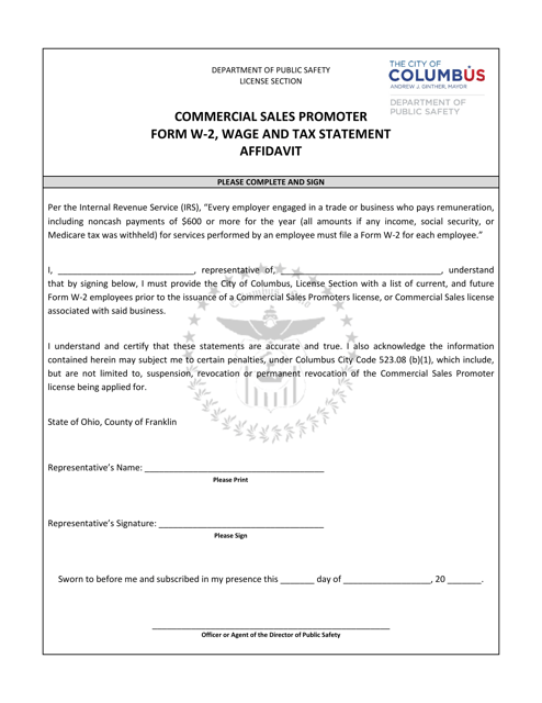 Form W-2 Commercial Sales Promoter Wage and Tax Statement Affidavit - City of Columbus, Ohio