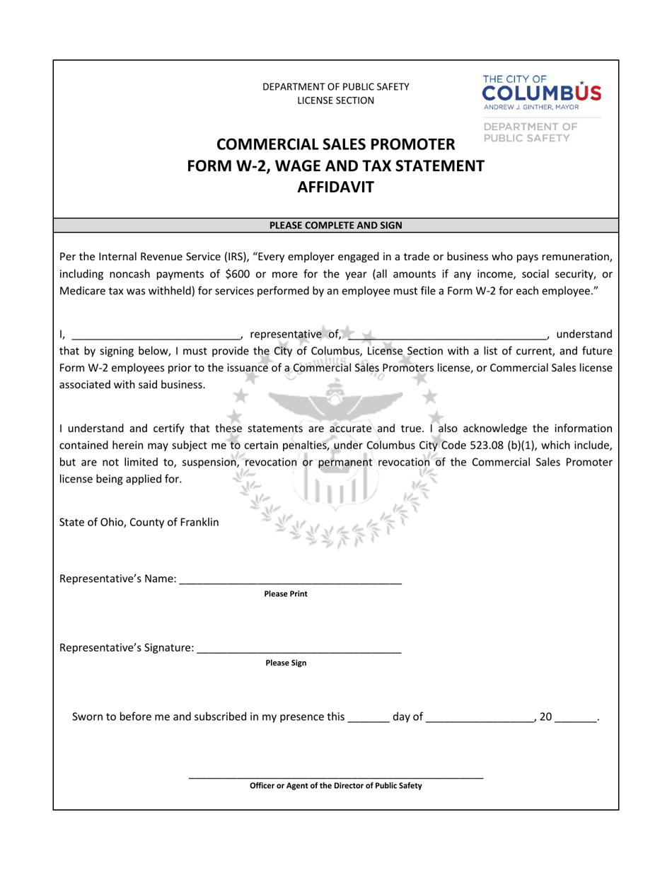 Form W-2 Commercial Sales Promoter Wage and Tax Statement Affidavit - City of Columbus, Ohio, Page 1