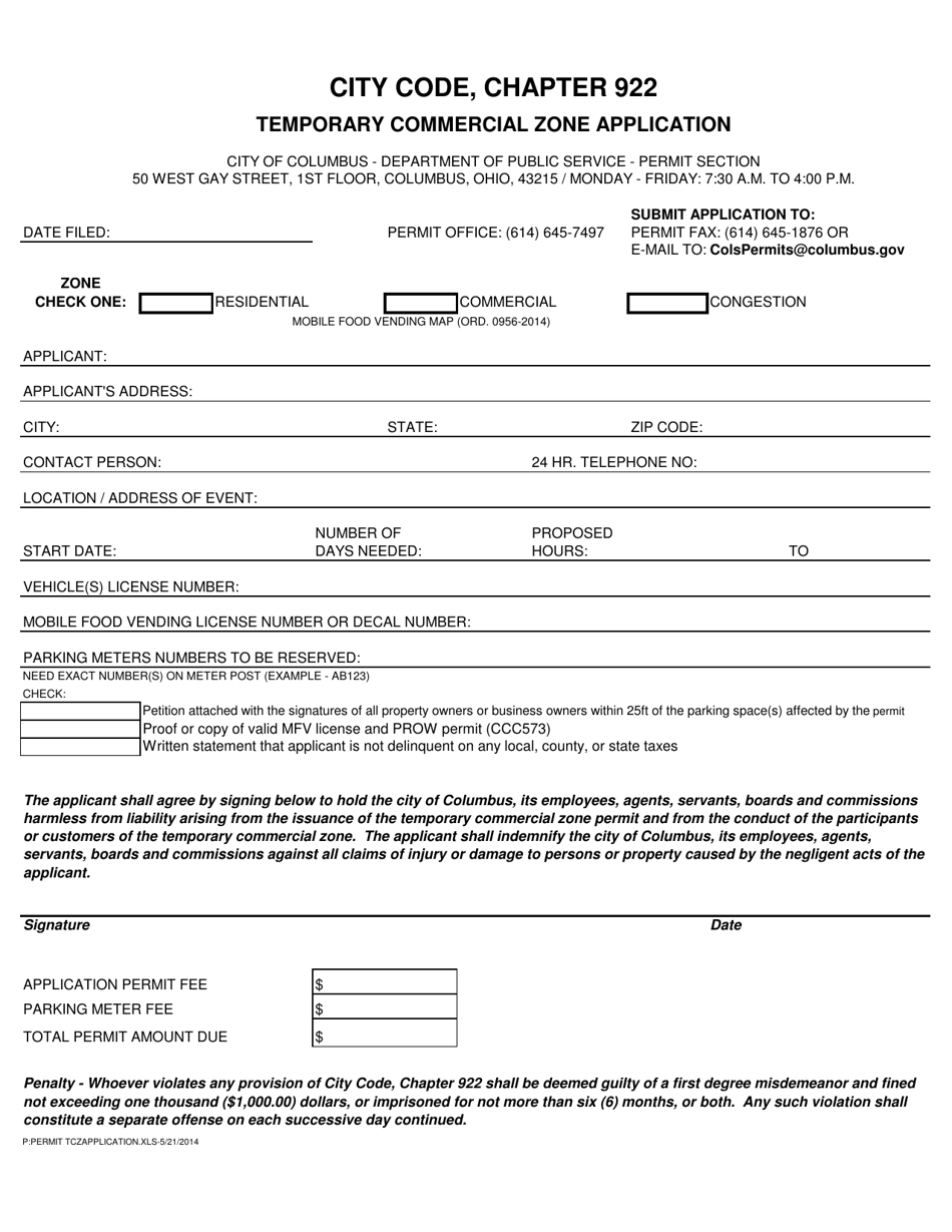 Temporary Commercial Zone Application - City of Columbus, Ohio, Page 1