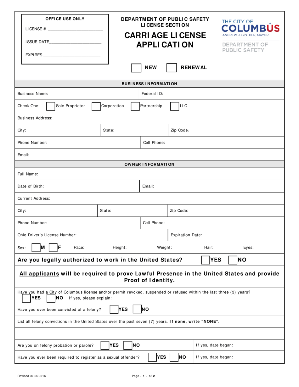 Carriage License Application - City of Columbus, Ohio, Page 1