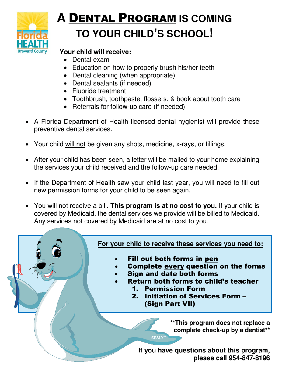 Broward County, Florida Dental Sealant Program Consent Form Fill Out