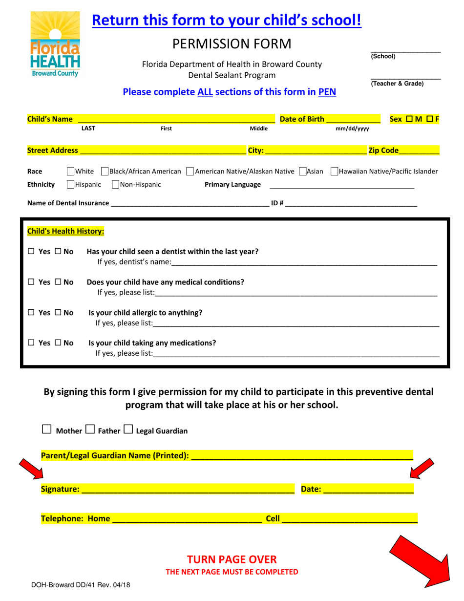 Dental Sealant Program Consent Form - Broward County, Florida, Page 3