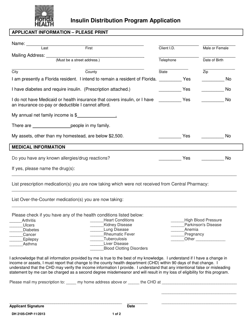 Form DH2105-CHP Insulin Distribution Program Application - Florida, Page 1