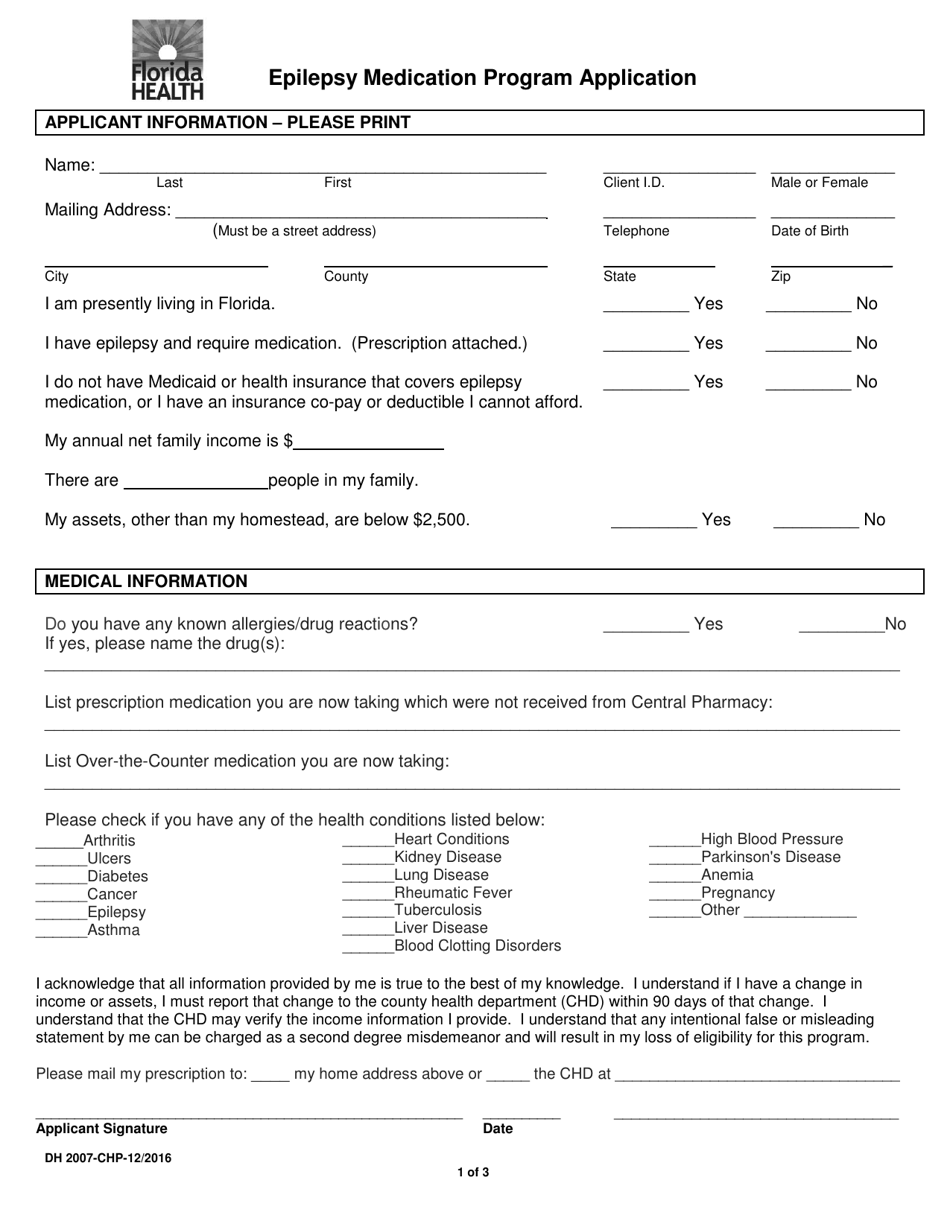 Form DH2007-CHP Epilepsy Medication Program Application - Florida, Page 1
