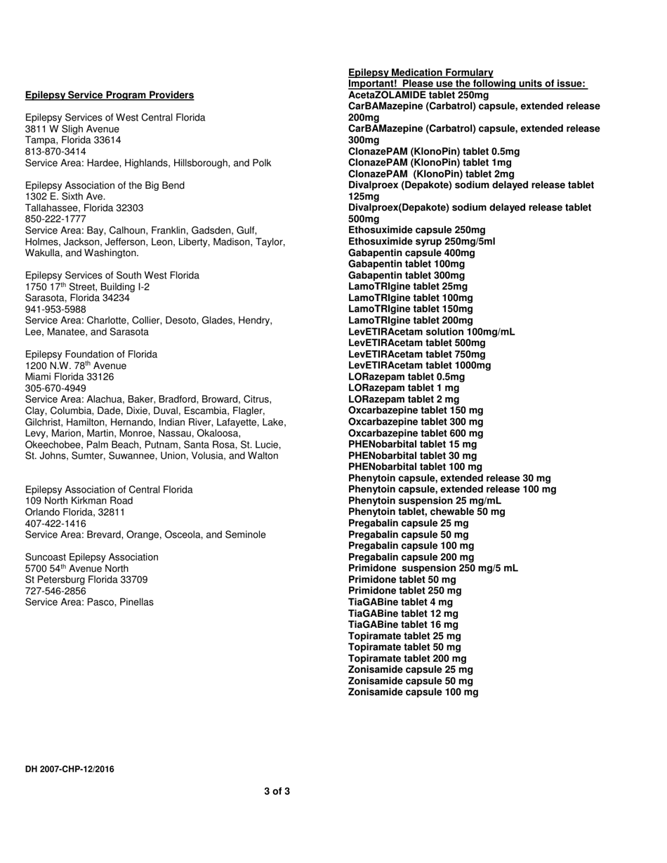 Form DH2007-CHP Epilepsy Medication Program Application - Florida, Page 3