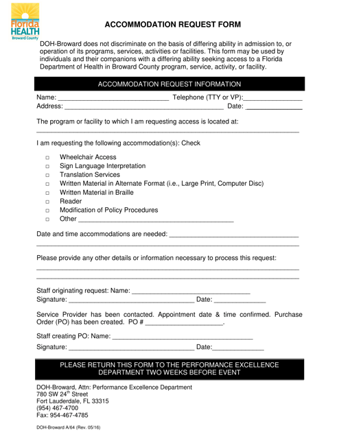 Accommodation Request Form - Broward County, Florida Download Pdf