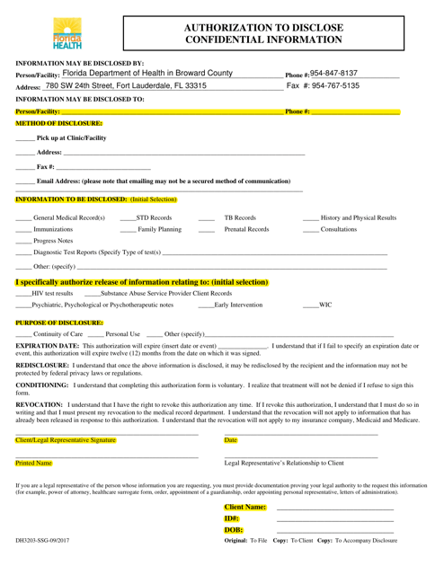 Form DH3203-SSG Authorization to Disclose Confidential Information - Broward County, Florida