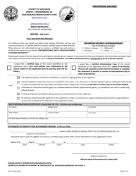 Document preview: Form V01 Application for a Birth Certificate or Letter of No Record - County of San Diego, California