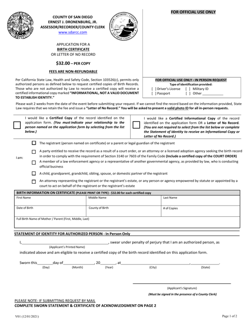 Form V01 Application for a Birth Certificate or Letter of No Record - County of San Diego, California