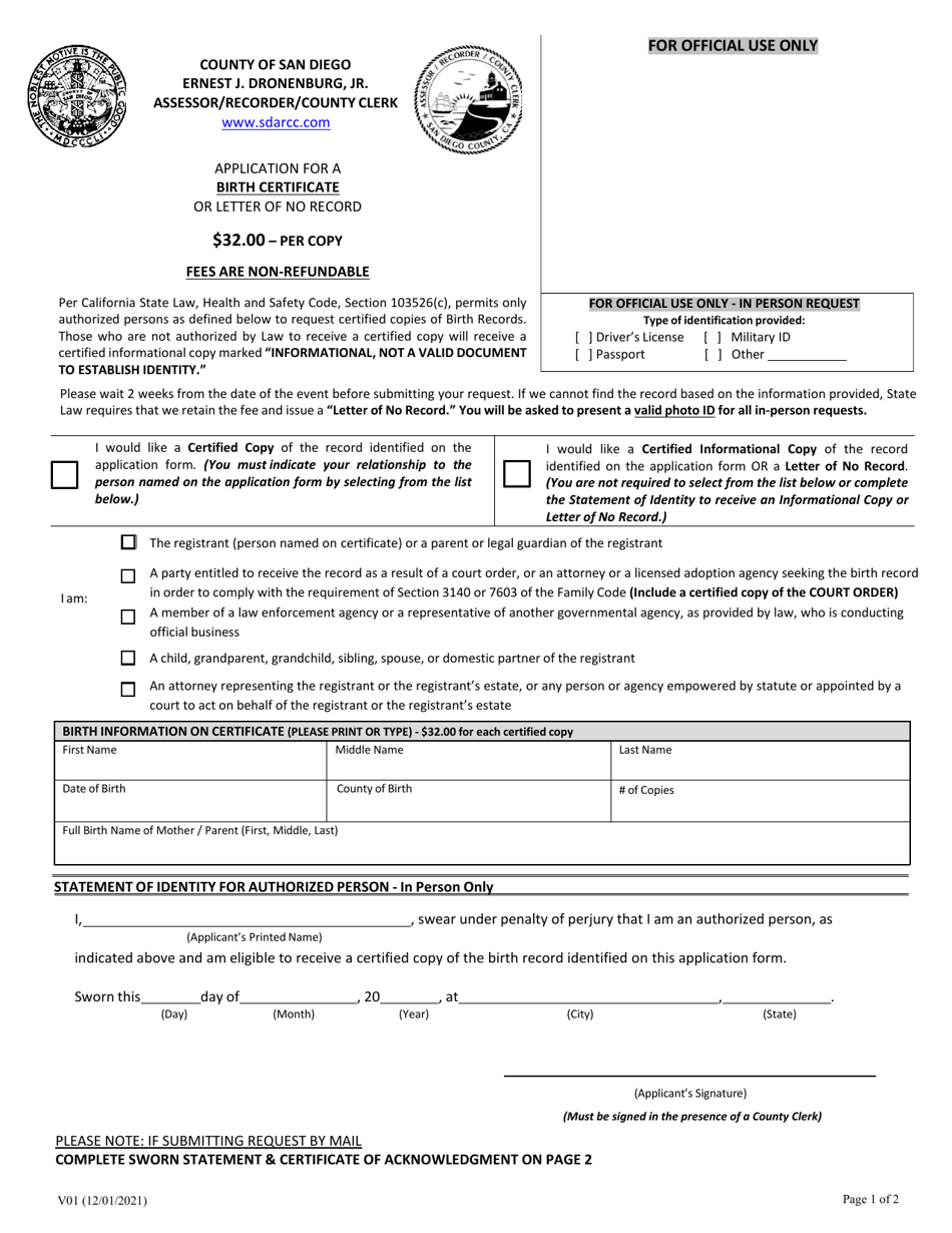 Form V01 Application for a Birth Certificate or Letter of No Record - County of San Diego, California, Page 1