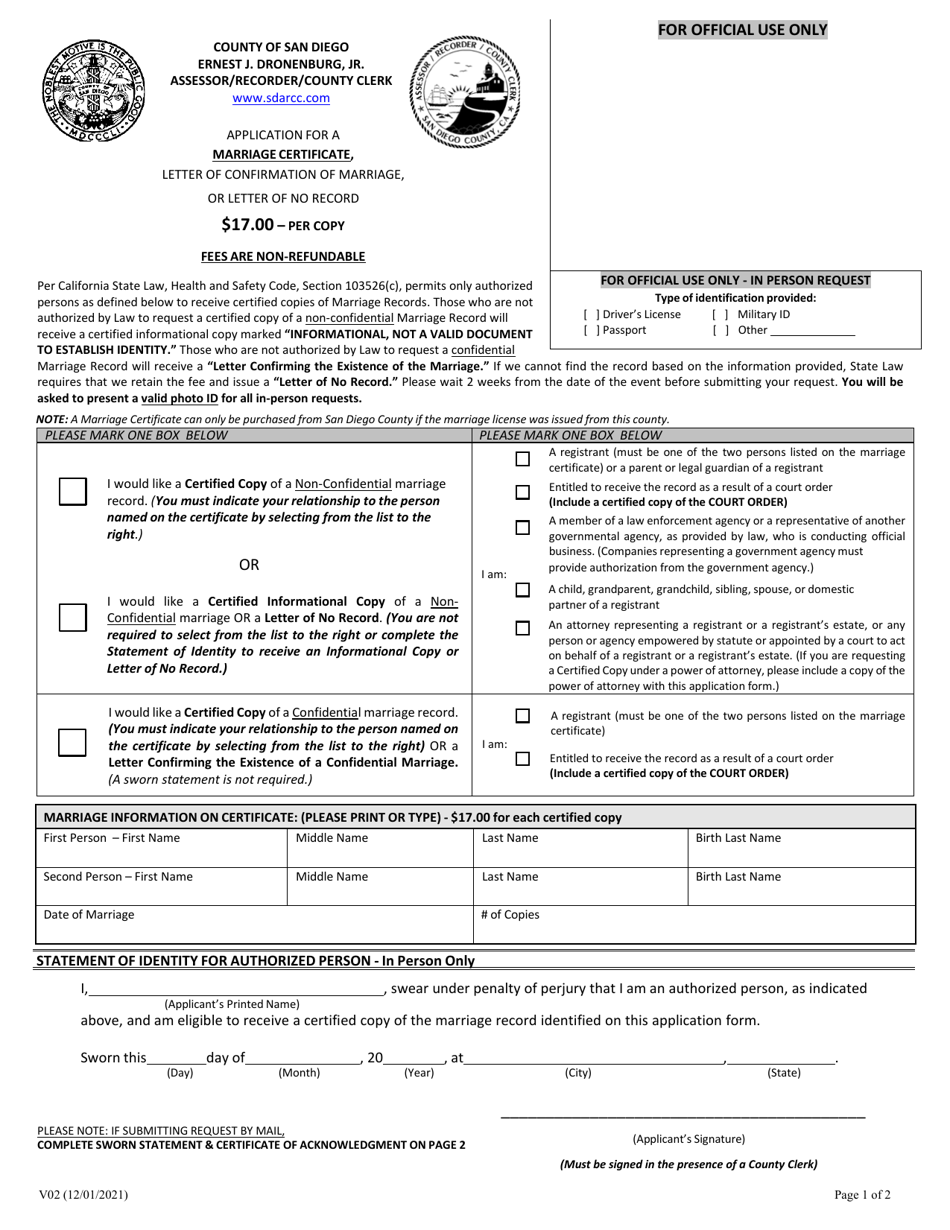 Form V02 Application for a Marriage Certificate, Letter of Confirmation of Marriage, or Letter of No Record - County of San Diego, California, Page 1