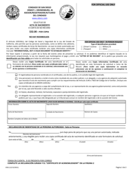 Formulario VS01 &quot;Solicitud De Acta De Nacimiento O Carta De No Record&quot; - County of San Diego, California (Spanish)