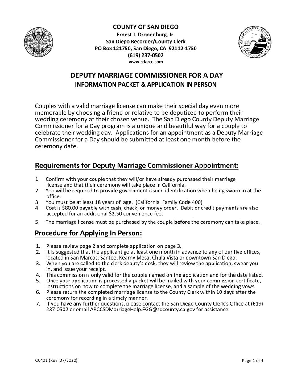 Form CC401 Deputy Marriage Commissioner for a Day - Application in Person - County of San Diego, California, Page 1