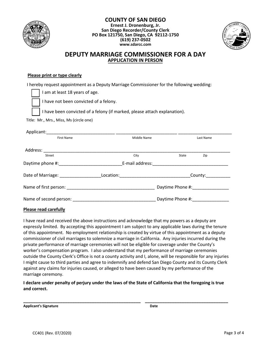 Form CC401 Deputy Marriage Commissioner for a Day - Application in Person - County of San Diego, California, Page 3