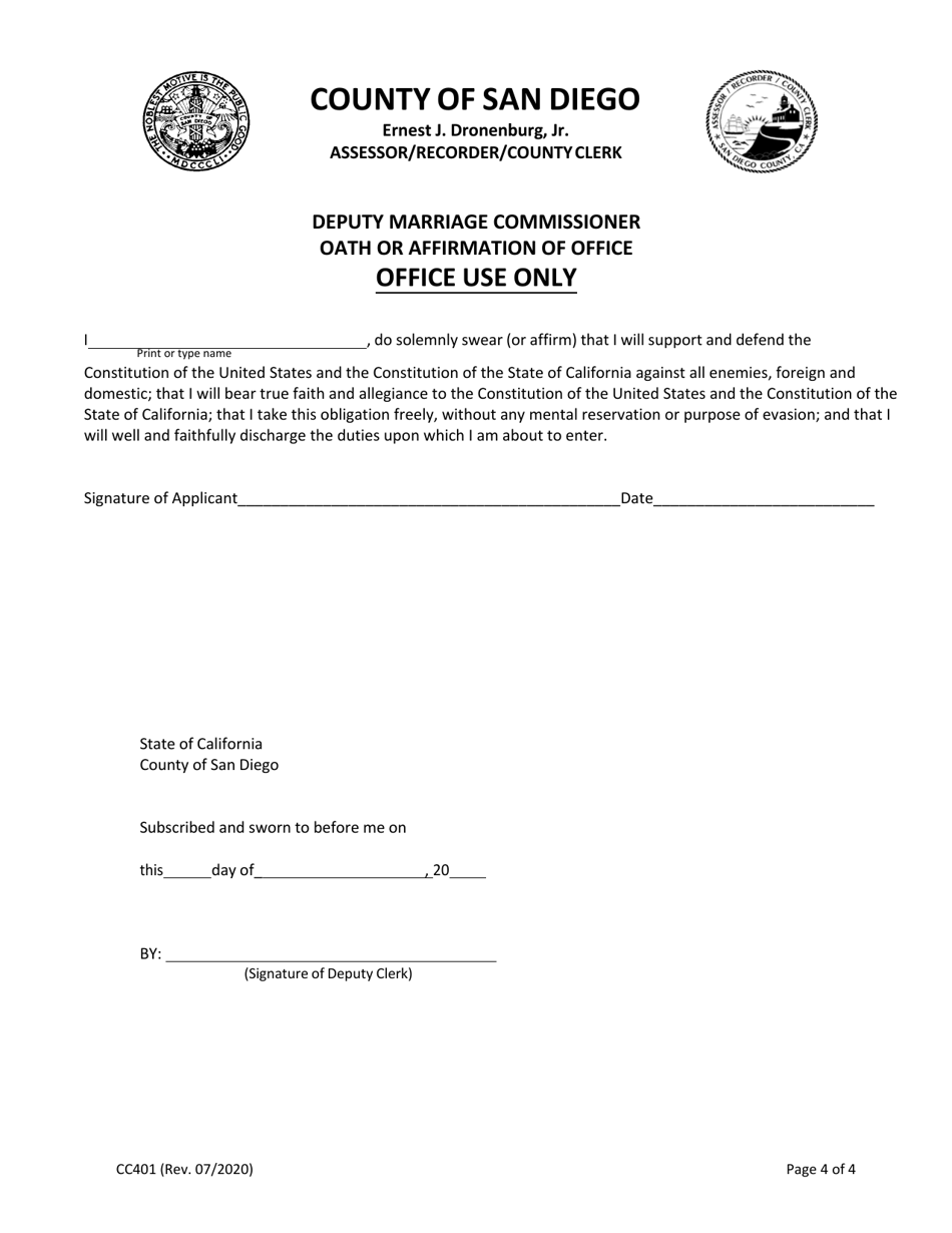 Form CC401 Deputy Marriage Commissioner for a Day - Application in Person - County of San Diego, California, Page 4