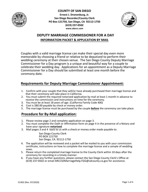 Form CC402 Deputy Marriage Commissioner for a Day - Application by Mail - County of San Diego, California