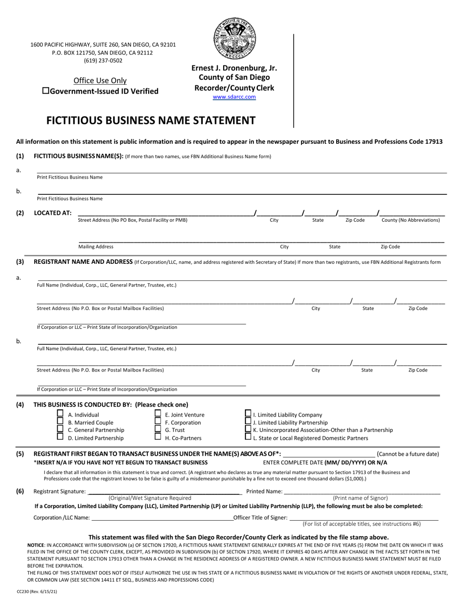 Form CC230 Fictitious Business Name Statement - County of San Diego, California, Page 2