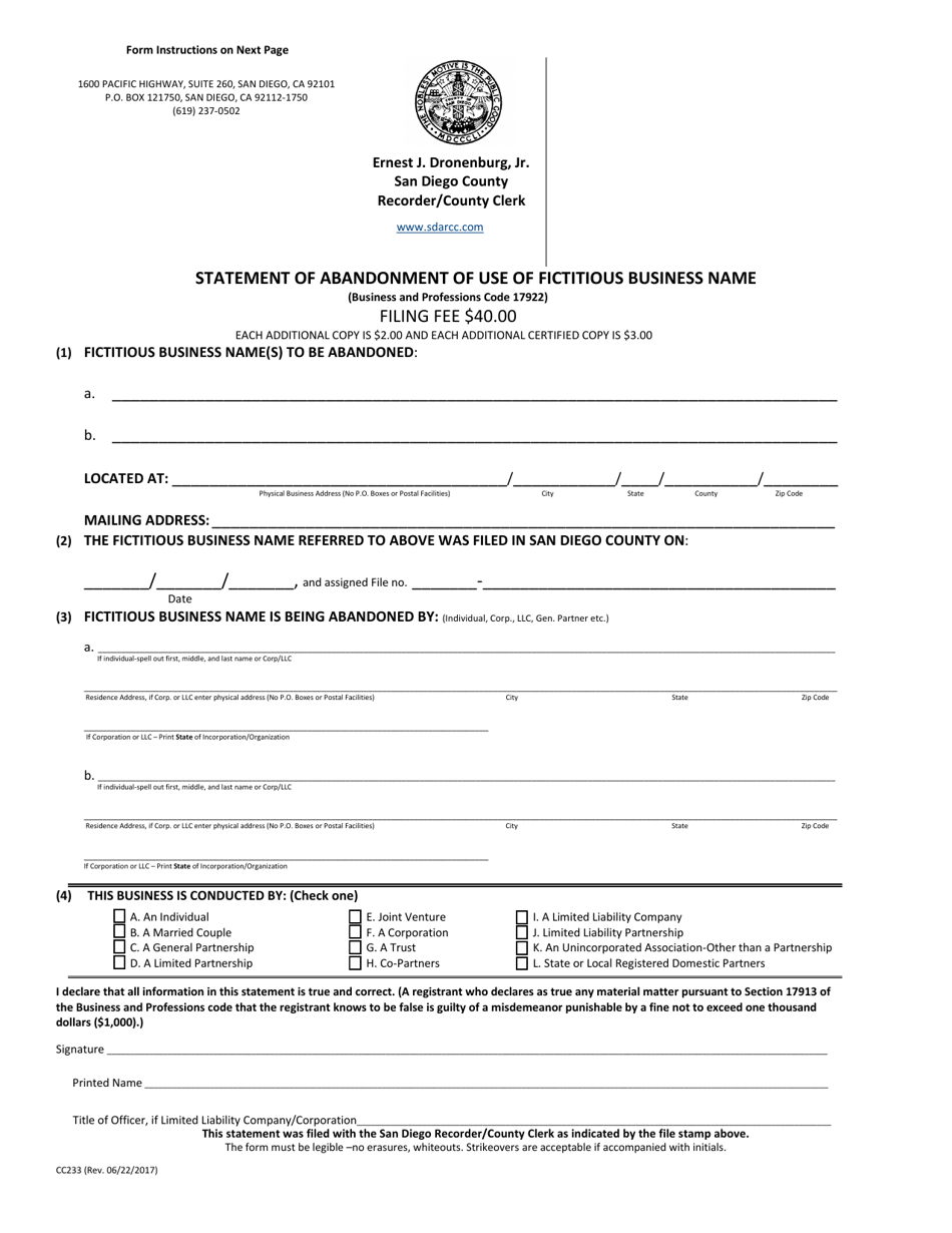 Form CC233 Statement of Abandonment of Use of Fictitious Business Name - County of San Diego, California, Page 1