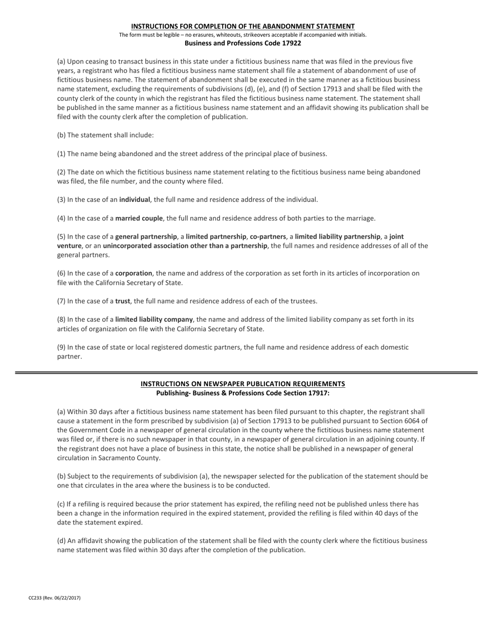 Form CC233 Statement of Abandonment of Use of Fictitious Business Name - County of San Diego, California, Page 2