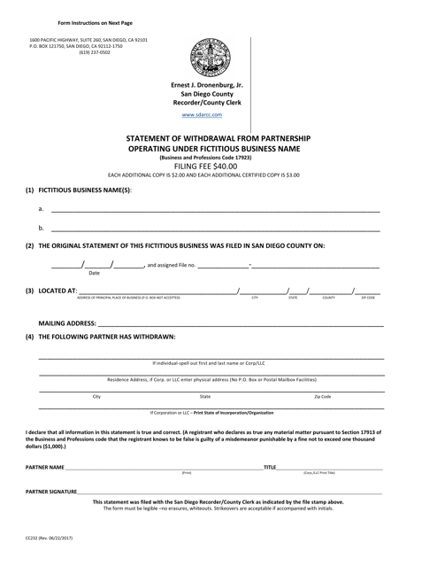 Document preview: Form CC232 Statement of Withdrawal From Partnership Operating Under Fictitious Business Name - County of San Diego, California
