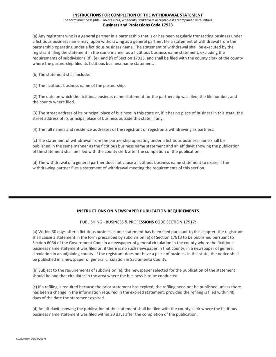 Form CC232 Statement of Withdrawal From Partnership Operating Under Fictitious Business Name - County of San Diego, California, Page 2