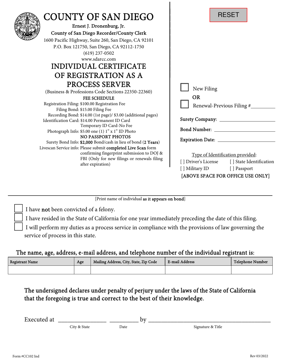 Form CC102 Individual Certificate of Registration as a Process Server - County of San Diego, California, Page 1