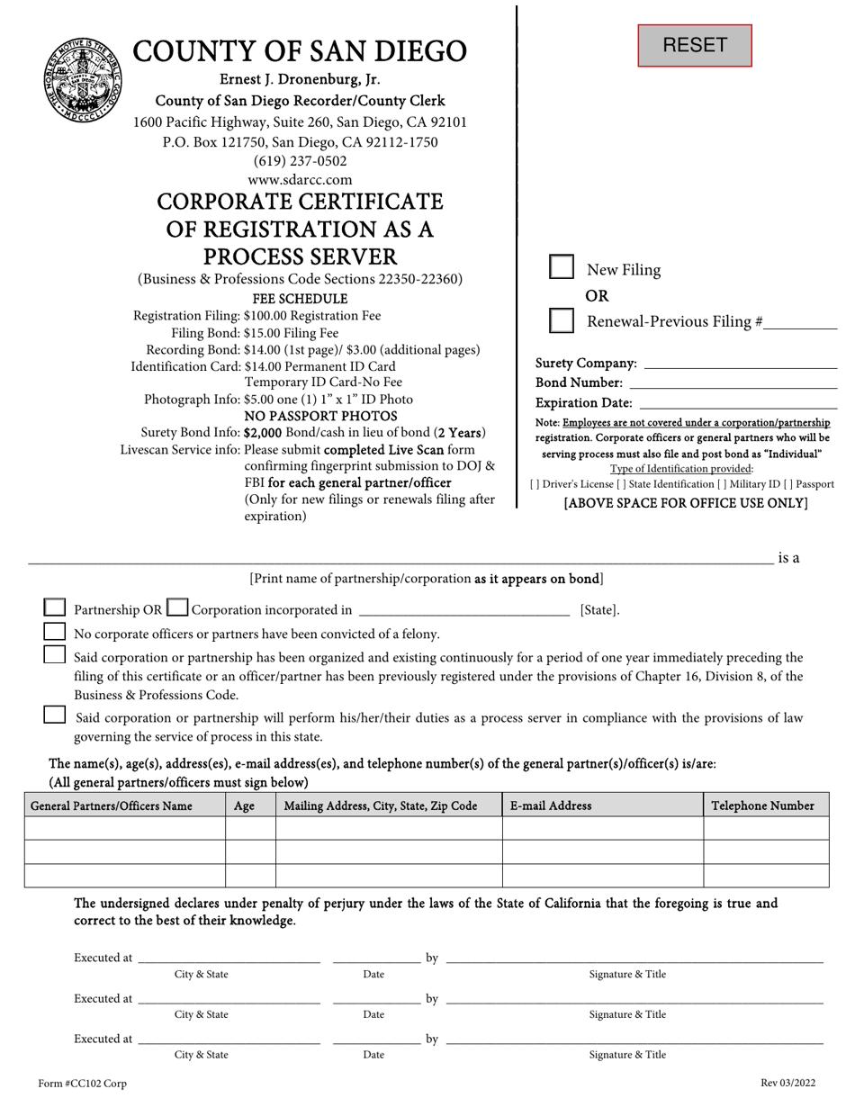 Form CC102 Corporate Certificate of Registration as a Process Server - County of San Diego, California, Page 1