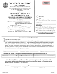 Document preview: Form CC101 Individual Certificate of Registration as a Professional Photocopier - County of San Diego, California