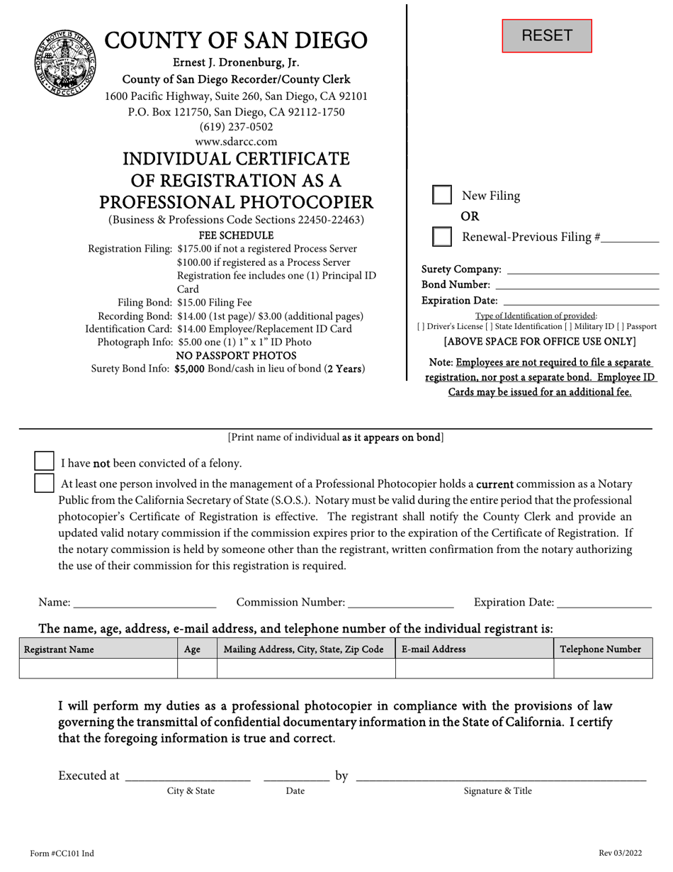 Form CC101 Individual Certificate of Registration as a Professional Photocopier - County of San Diego, California, Page 1