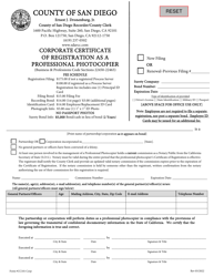 Document preview: Form CC101 Corporate Certificate of Registration as a Professional Photocopier - County of San Diego, California