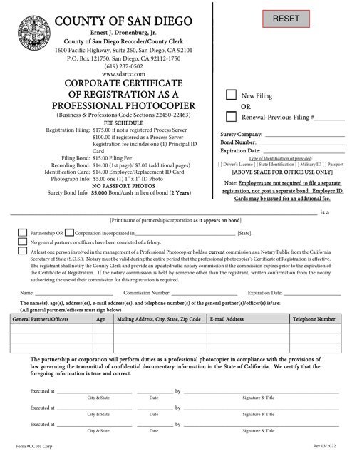 Form CC101 Corporate Certificate of Registration as a Professional Photocopier - County of San Diego, California