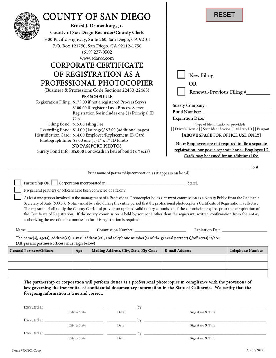 Form CC101 Corporate Certificate of Registration as a Professional Photocopier - County of San Diego, California, Page 1