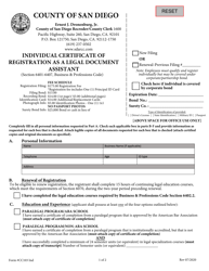 Document preview: Form CC103 Individual Certificate of Registration as a Legal Document Assistant - County of San Diego, California