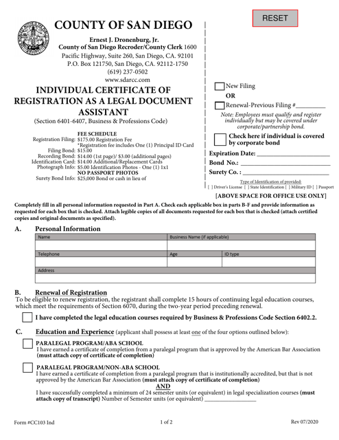 Form CC103  Printable Pdf