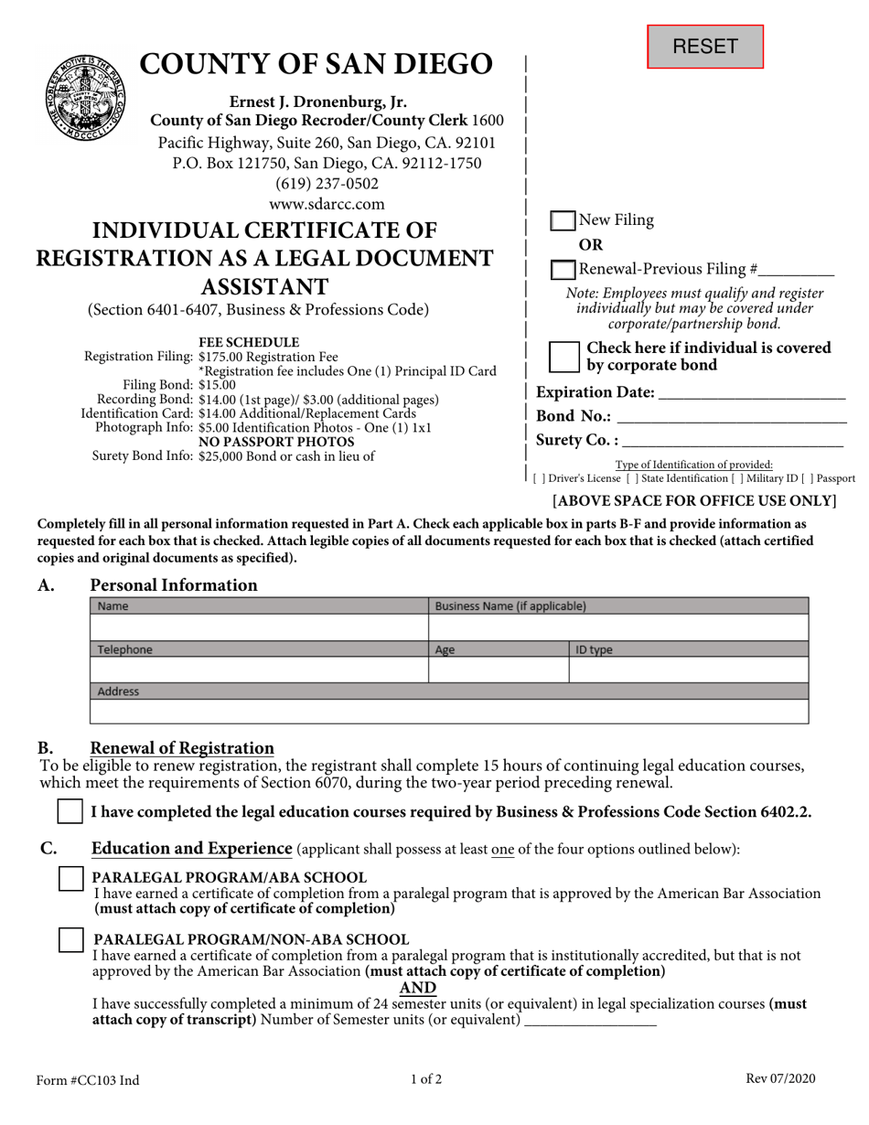 Form CC103 Individual Certificate of Registration as a Legal Document Assistant - County of San Diego, California, Page 1