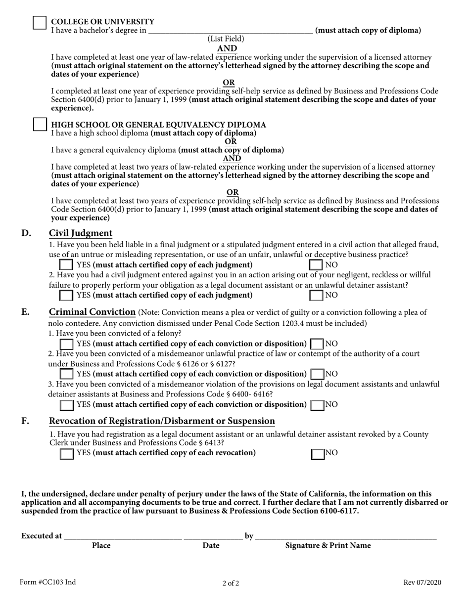 Form CC103 Individual Certificate of Registration as a Legal Document Assistant - County of San Diego, California, Page 2