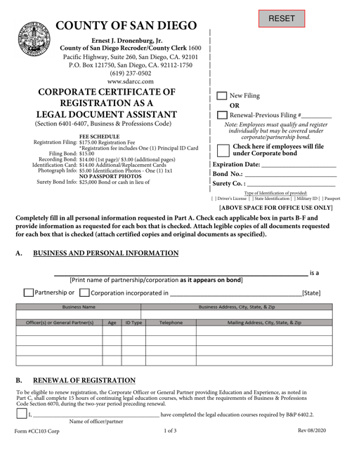 Form CC103 Corporate Certificate of Registration as a Legal Document Assistant - County of San Diego, California