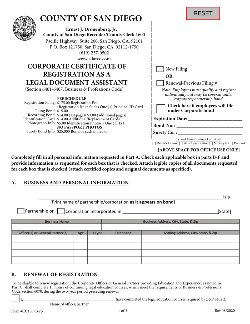 Form CC103 Corporate Certificate of Registration as a Legal Document Assistant - County of San Diego, California, Page 1