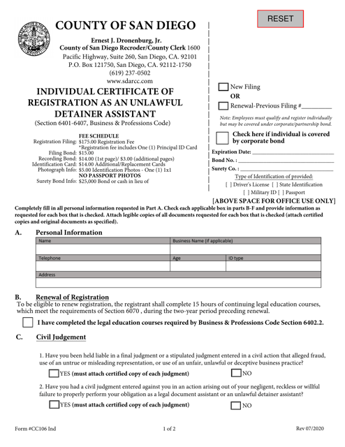 Form CC106 Individual Certificate of Registration as an Unlawful Detainer Assistant - County of San Diego, California